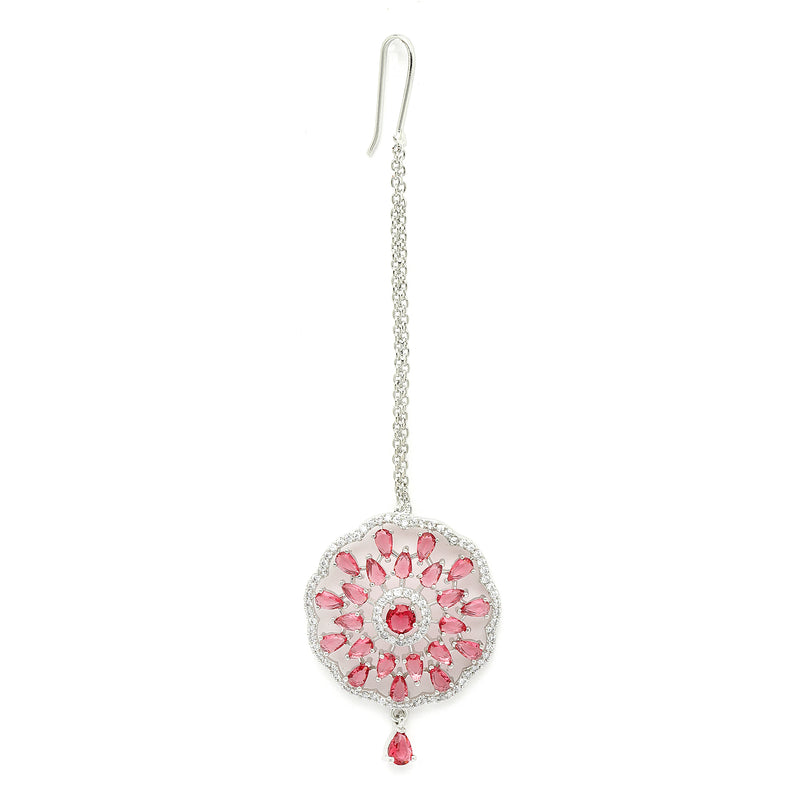 Rhodium Plated Silver Toned Red & White American Diamond Studded Bridal Maang Tikka