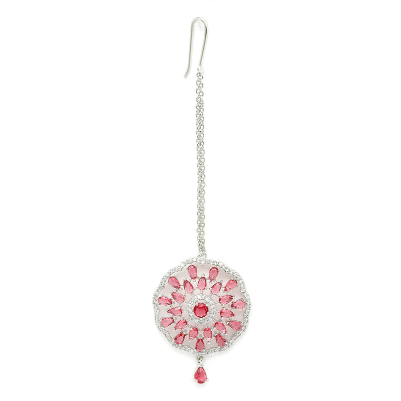 Rhodium Plated Silver Toned Red & White American Diamond Studded Bridal Maang Tikka