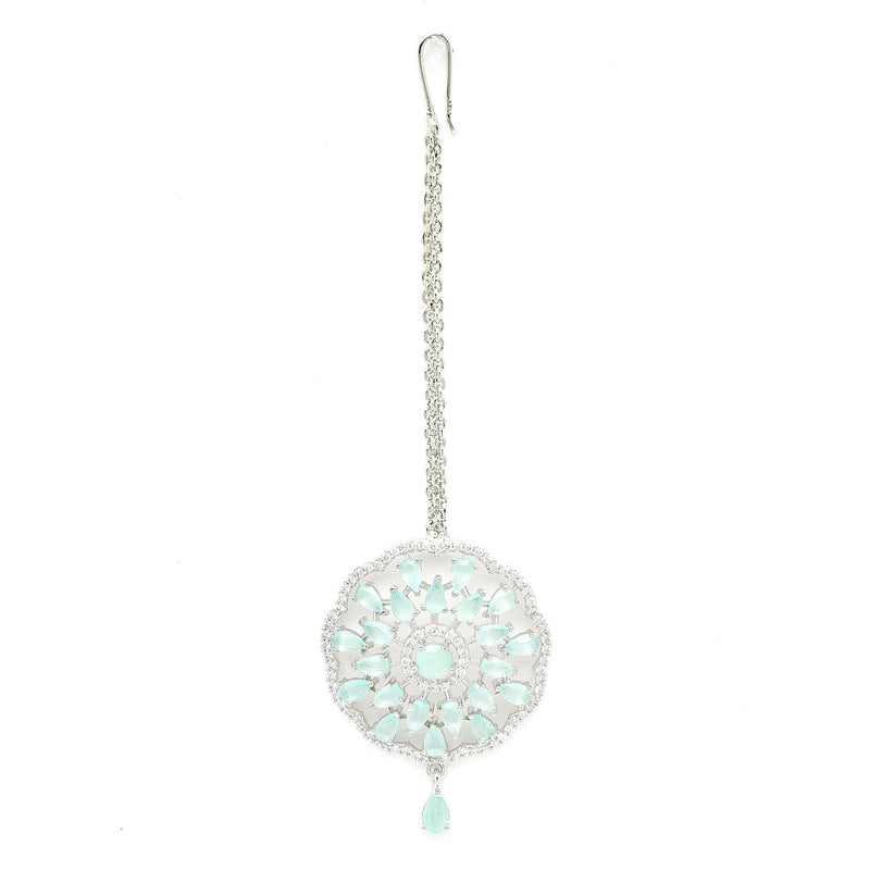 Rhodium Plated Silver Toned Mint Green & White American Diamond Studded Bridal Maang Tikka