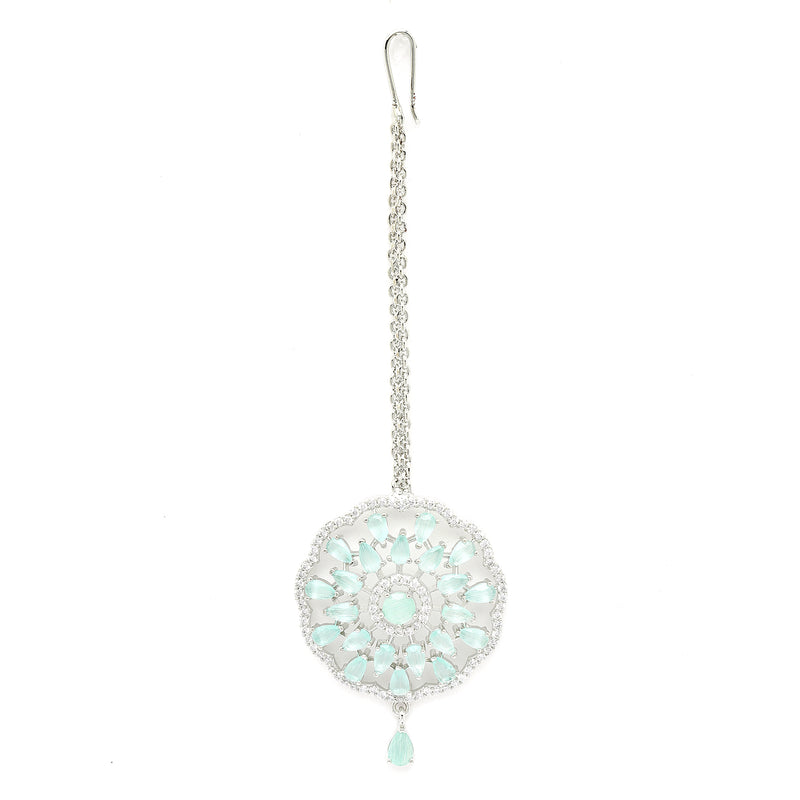 Rhodium Plated Silver Toned Mint Green & White American Diamond Studded Bridal Maang Tikka