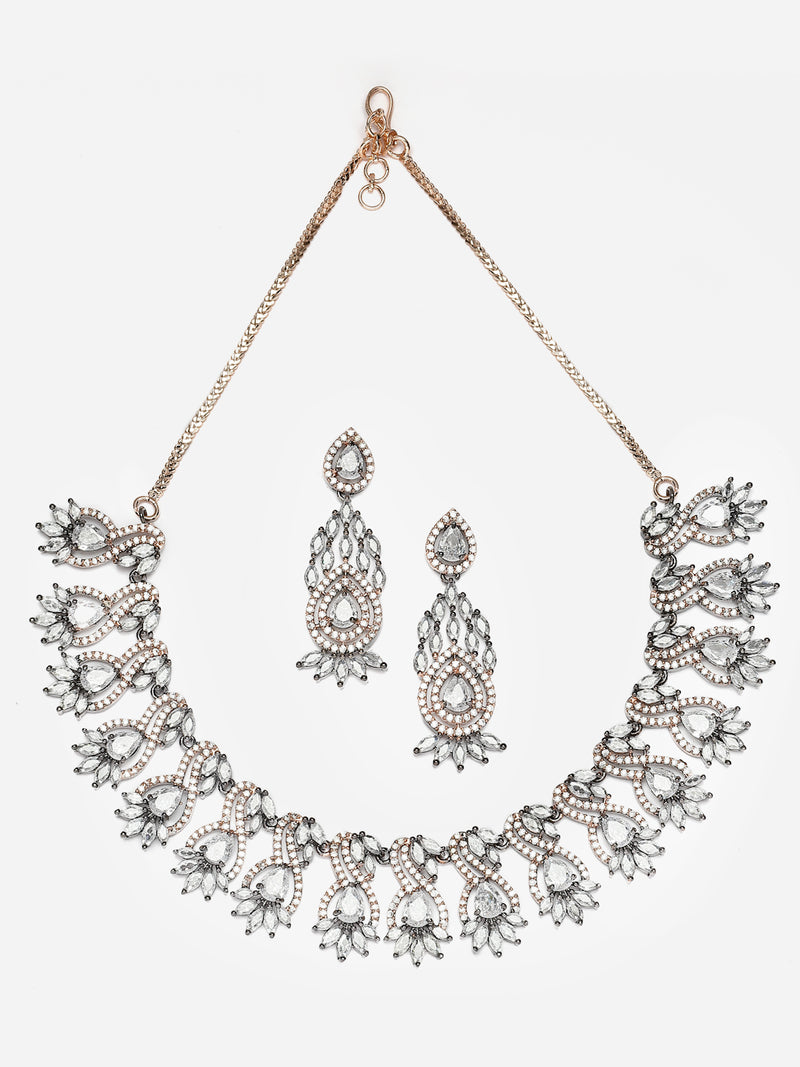 Rose Gold-Plated Gunmetal Toned White American Diamond Studded Traditional Touch Necklace & Earrings Jewellery Set
