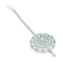 Rhodium Plated Silver Toned Mint Green & White American Diamond Studded Bridal Maang Tikka
