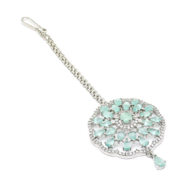 Rhodium Plated Silver Toned Mint Green & White American Diamond Studded Bridal Maang Tikka