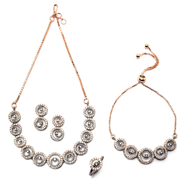 Rose Gold-Plated Gunmetal Toned White American Diamond studded Circular Shaped Jewellery Set