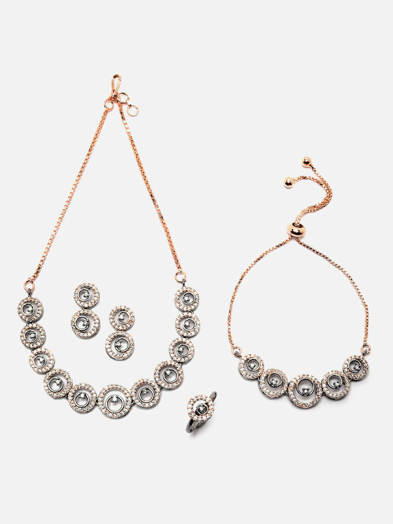 Rose Gold-Plated Gunmetal Toned White American Diamond studded Circular Shaped Jewellery Set