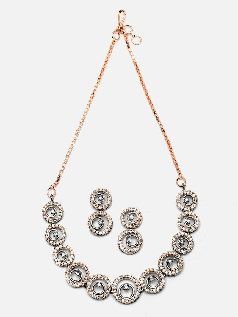 Rose Gold-Plated Gunmetal Toned White American Diamond studded Circular Shaped Jewellery Set