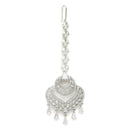 Rhodium Plated Silver Toned American Diamond  Maang Tikka with Elegant Dangling Stones
