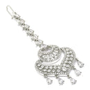 Rhodium Plated Silver Toned American Diamond  Maang Tikka with Elegant Dangling Stones