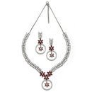 Rhodium-Plated Red American Diamond Studded Star & Leaf Shaped Necklace With Earrings Set