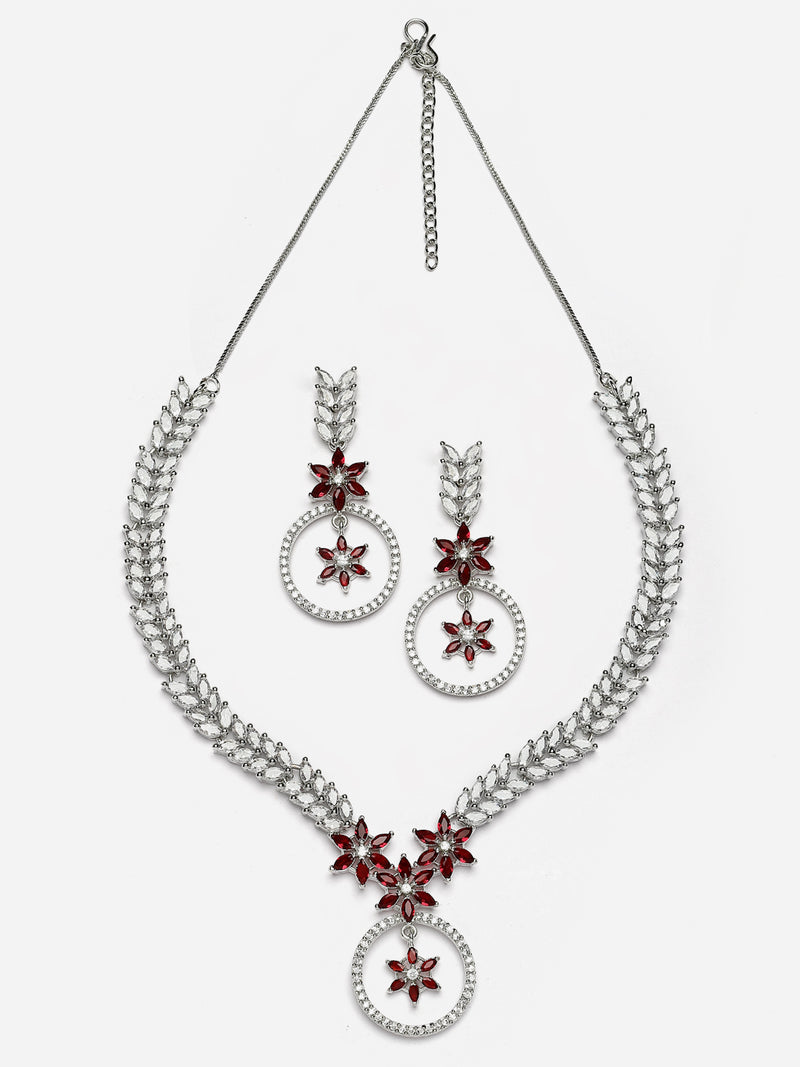 Rhodium-Plated Red American Diamond Studded Star & Leaf Shaped Necklace With Earrings Set