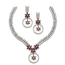 Rhodium-Plated Red American Diamond Studded Star & Leaf Shaped Necklace With Earrings Set