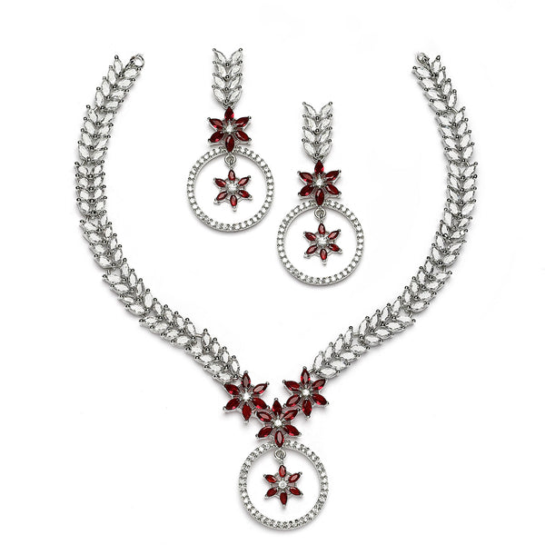 Rhodium-Plated Red American Diamond Studded Star & Leaf Shaped Necklace With Earrings Set