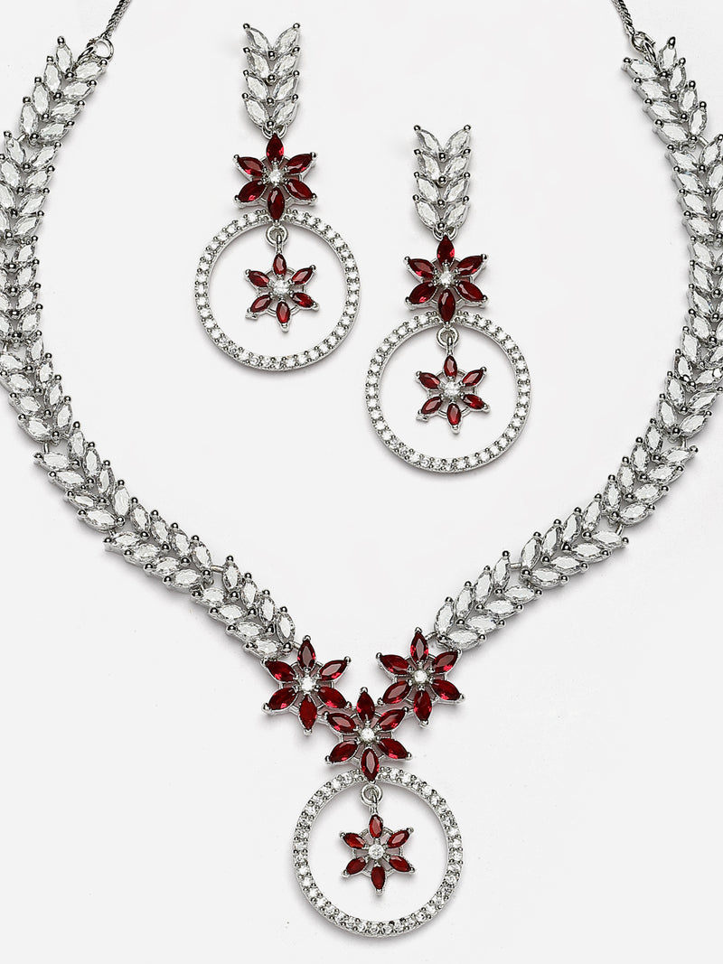 Rhodium-Plated Red American Diamond Studded Star & Leaf Shaped Necklace With Earrings Set
