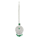 Traditional  Rhodium Plated Silver Toned Green American Diamond Studded Chandelier Maangtikka