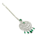 Traditional  Rhodium Plated Silver Toned Green American Diamond Studded Chandelier Maangtikka