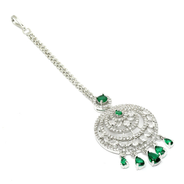 Traditional  Rhodium Plated Silver Toned Green American Diamond Studded Chandelier Maangtikka