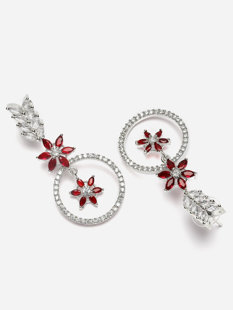 Rhodium-Plated Red American Diamond Studded Star & Leaf Shaped Necklace With Earrings Set