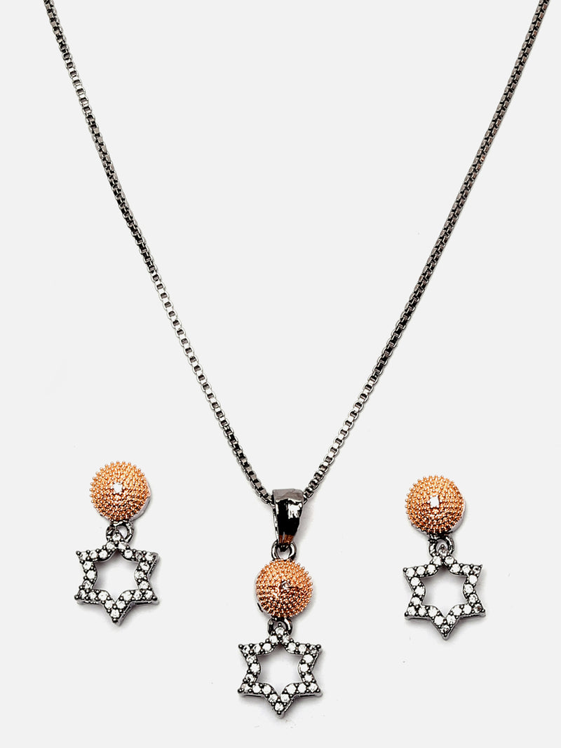 Rose Gold-Plated Gunmetal Toned White American Diamond studded Star Shaped Jewellery Set