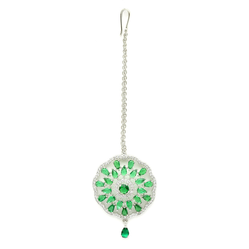 Rhodium Plated Silver Toned Green & White American Diamond Studded Bridal Maang Tikka