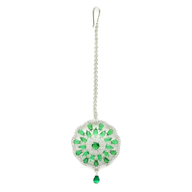 Rhodium Plated Silver Toned Green & White American Diamond Studded Bridal Maang Tikka