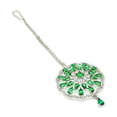 Rhodium Plated Silver Toned Green & White American Diamond Studded Bridal Maang Tikka