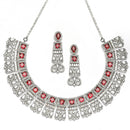 Rhodium-Plated Red & White American Diamonds Studded Choker Necklace & Earrings Jewellery Set