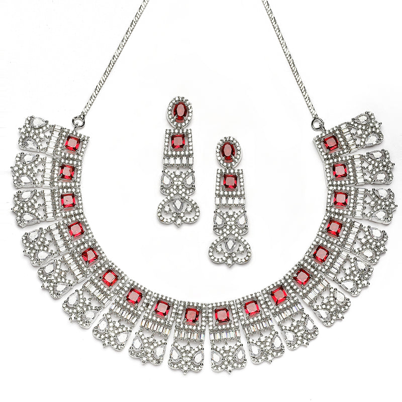 Rhodium-Plated Red & White American Diamonds Studded Choker Necklace & Earrings Jewellery Set