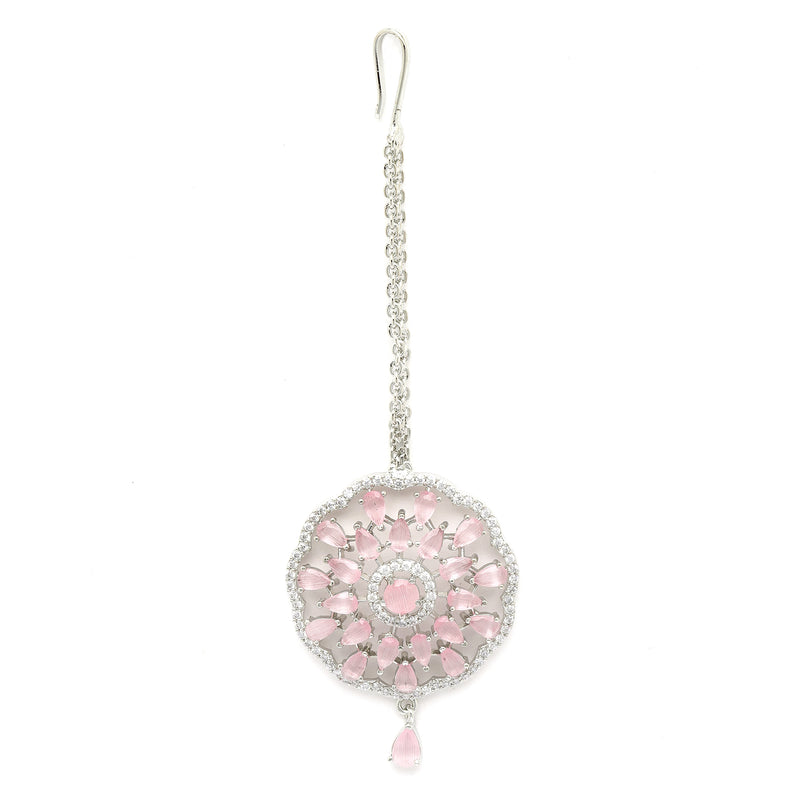 Rhodium Plated Silver Toned Pink & White American Diamond Studded Bridal Maang Tikka