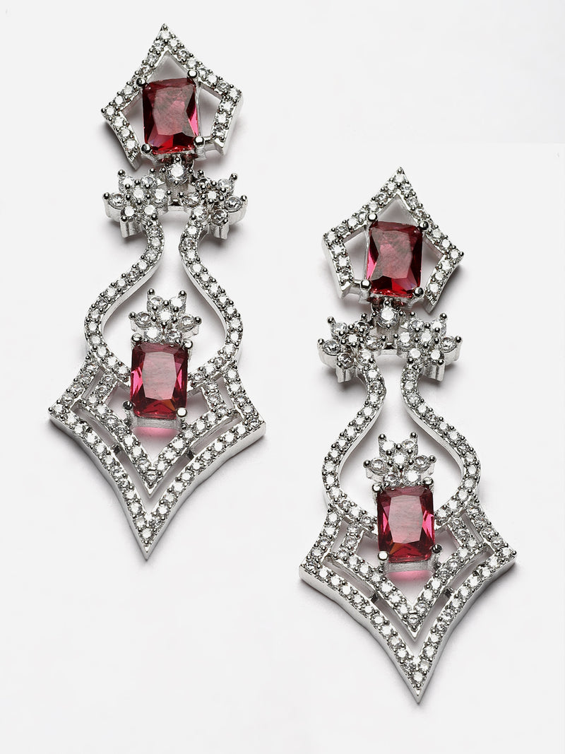 Rhodium-Plated Red American Diamond Studded Tempted Necklace & Earrings Jewellery Set