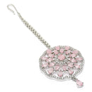 Rhodium Plated Silver Toned Pink & White American Diamond Studded Bridal Maang Tikka