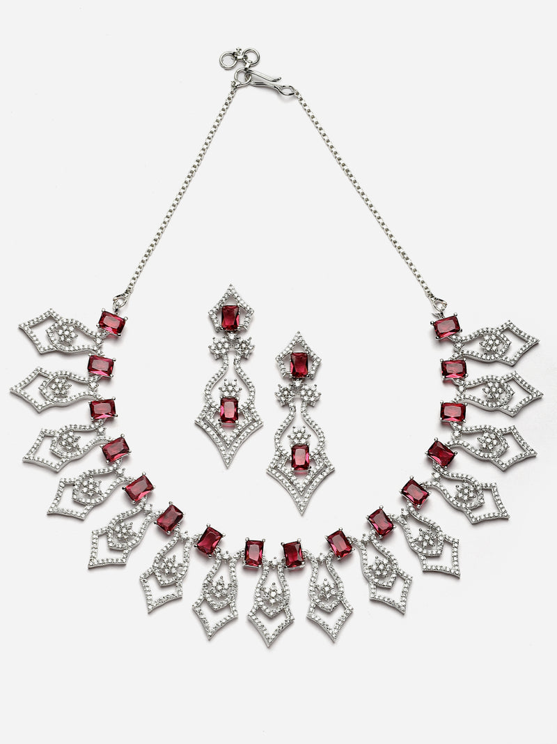 Rhodium-Plated Red American Diamond Studded Tempted Necklace & Earrings Jewellery Set