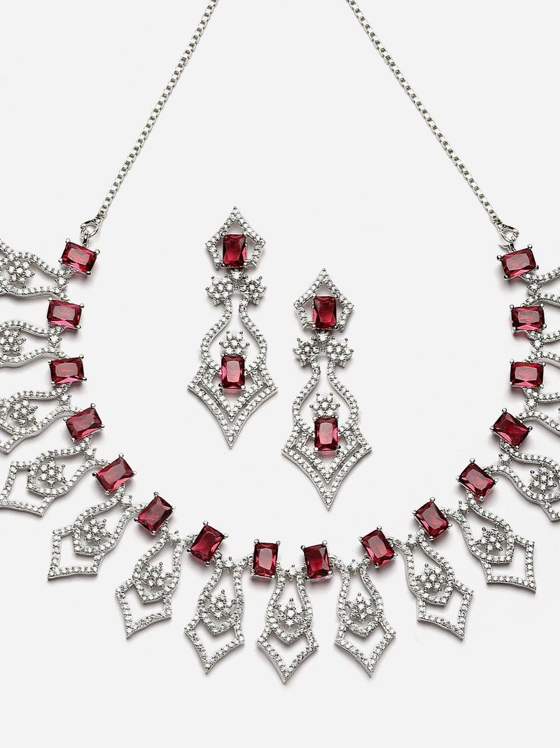 Rhodium-Plated Red American Diamond Studded Tempted Necklace & Earrings Jewellery Set