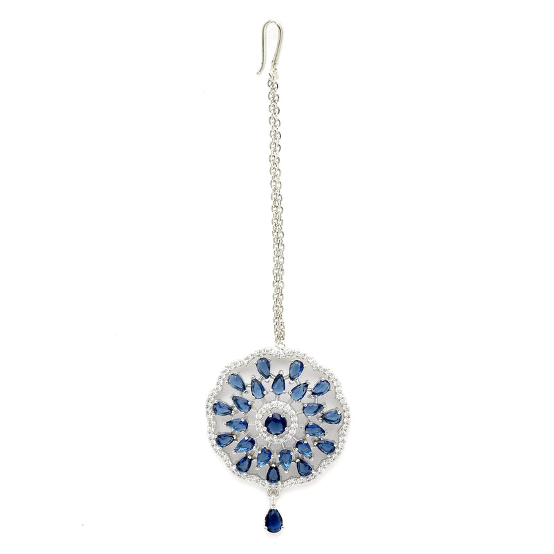 Rhodium Plated Silver Toned Blue & White American Diamond Studded Bridal Maang Tikka