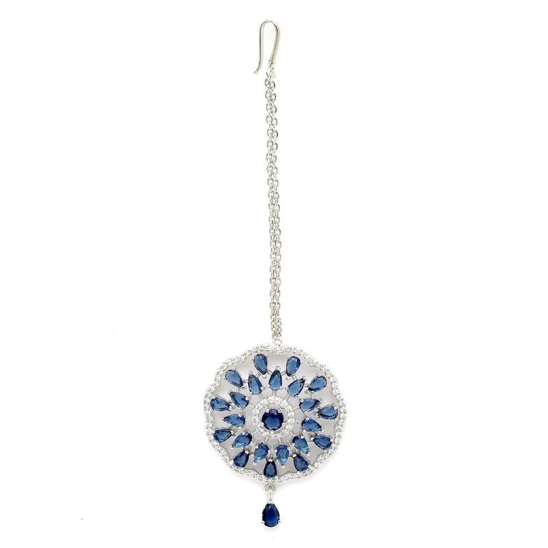 Rhodium Plated Silver Toned Blue & White American Diamond Studded Bridal Maang Tikka