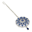 Rhodium Plated Silver Toned Blue & White American Diamond Studded Bridal Maang Tikka