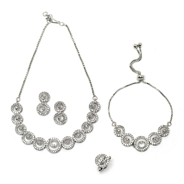 Rhodium-Plated Silver Toned White American Diamond studded Circular Shaped Jewellery Set