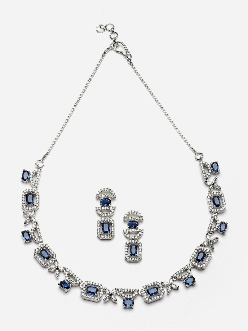 Rhodium-Plated Navy Blue American Diamonds Studded Boxy Necklace & Earrings Jewellery Set