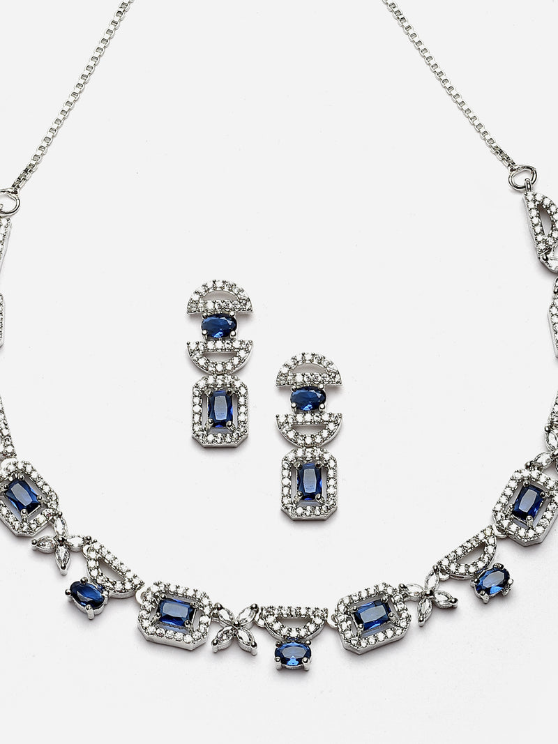 Rhodium-Plated Navy Blue American Diamonds Studded Boxy Necklace & Earrings Jewellery Set