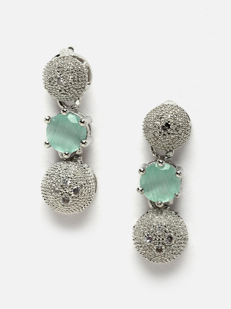 Rhodium-Plated Silver Toned Sea Green & White American Diamond studded Round Shaped Jewellery Set