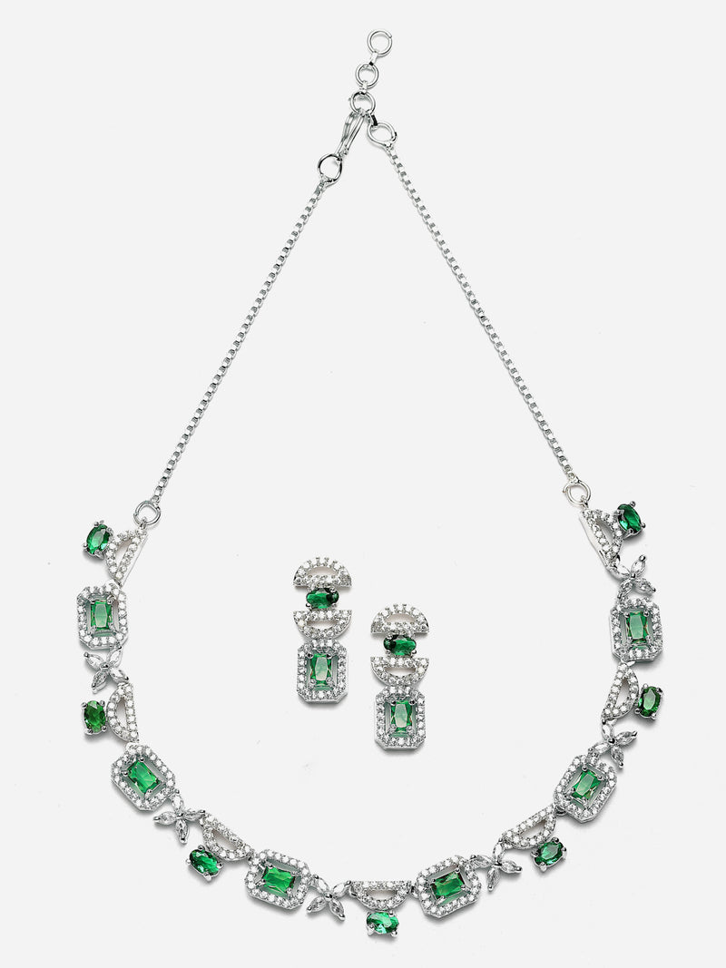 Rhodium-Plated Green American Diamonds Studded Boxy Necklace & Earrings Jewellery Set