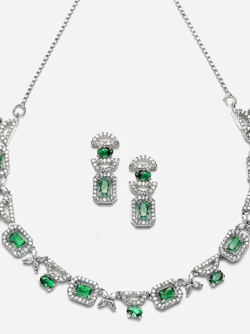 Rhodium-Plated Green American Diamonds Studded Boxy Necklace & Earrings Jewellery Set