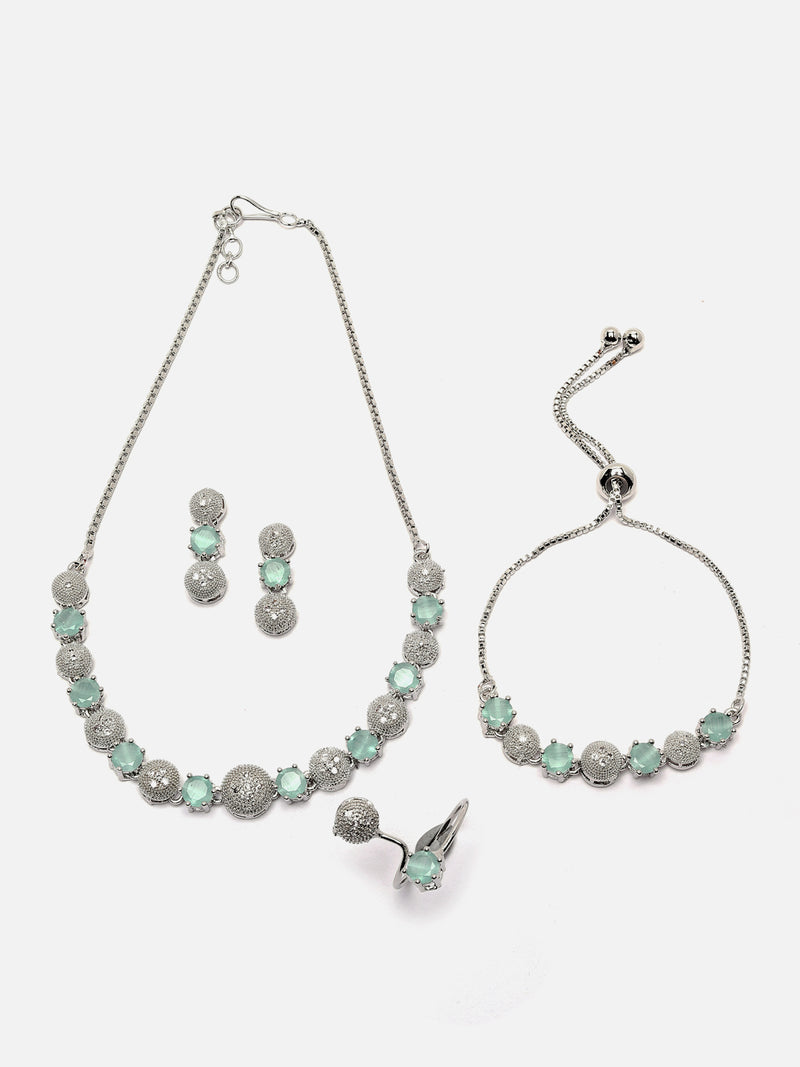 Rhodium-Plated Silver Toned Sea Green & White American Diamond studded Round Shaped Jewellery Set