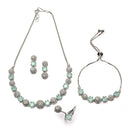 Rhodium-Plated Silver Toned Sea Green & White American Diamond studded Round Shaped Jewellery Set