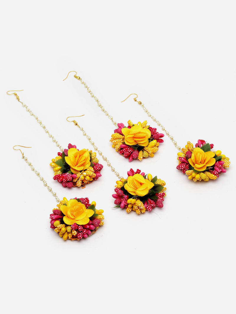 Gold Plated Floral Pink Yellow And Green Gotta Patti Maang Tikka  (Mehandi,Haldi,Bridal,Baby Shower)