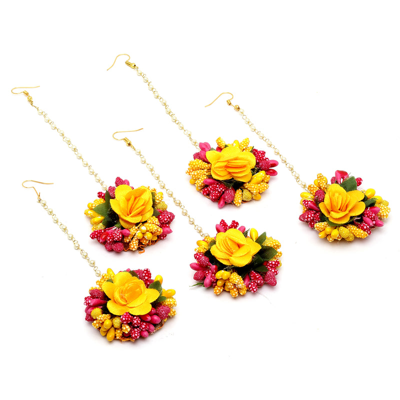 Gold Plated Floral Pink Yellow And Green Gotta Patti Maang Tikka  (Mehandi,Haldi,Bridal,Baby Shower)