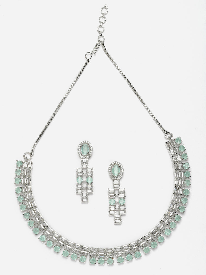 Rhodium-Plated Sea Green Round Shape American Diamonds Studded Necklace & Earrings Jewellery Set