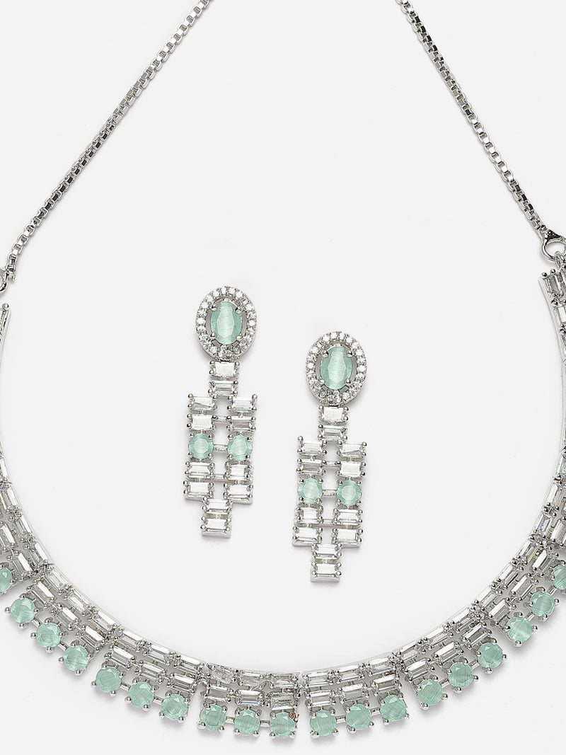 Rhodium-Plated Sea Green Round Shape American Diamonds Studded Necklace & Earrings Jewellery Set