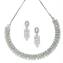 Rhodium-Plated Sea Green Round Shape American Diamonds Studded Necklace & Earrings Jewellery Set