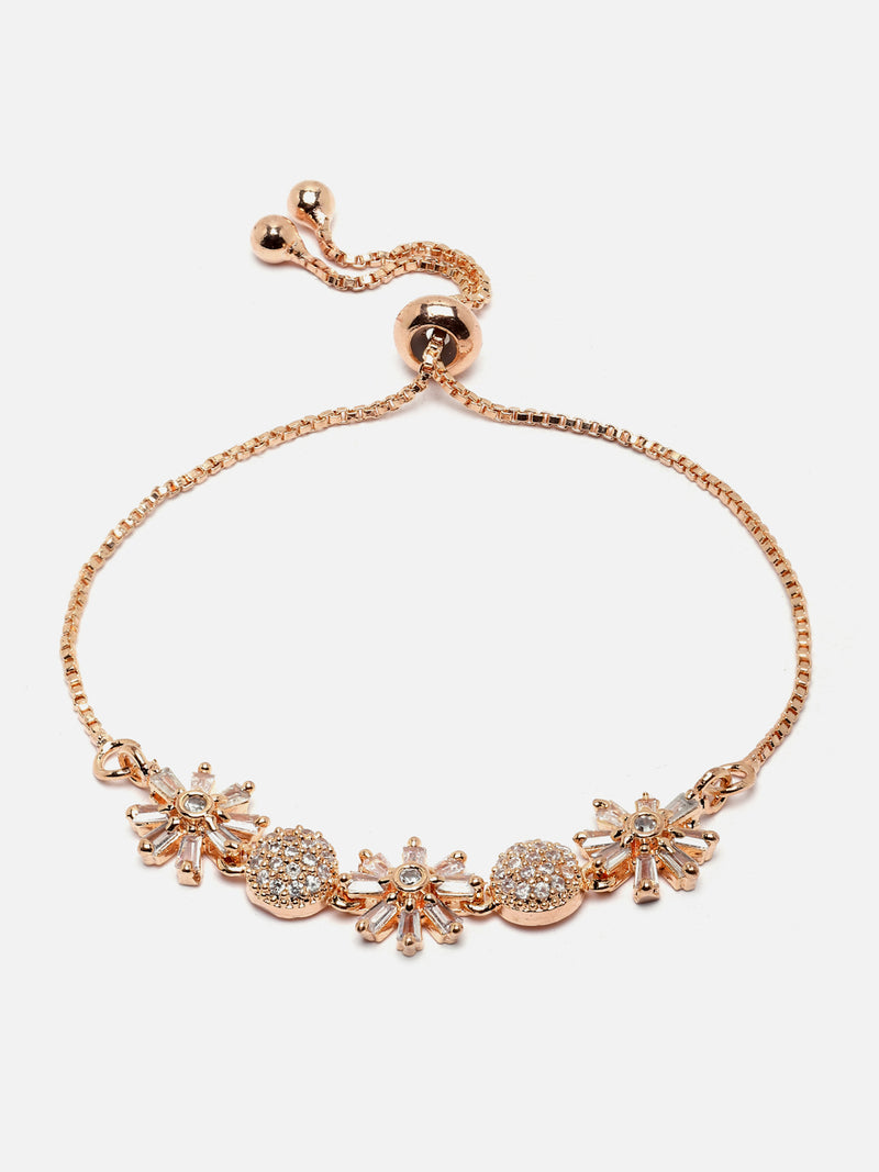 Rose Gold-Plated White American Diamond studded Flower & Round Shaped Link Bracelet