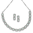 Rhodium-Plated Sea Green American Diamonds Studded Quadrate Shaped Necklace & Earrings Jewellery Set